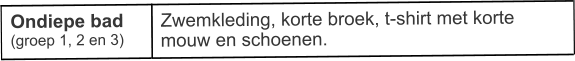 Ondiepe bad (groep 1, 2 en 3)  Zwemkleding, korte broek, t-shirt met korte mouw en schoenen.